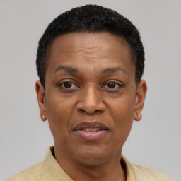 Joyful black adult female with short  black hair and brown eyes