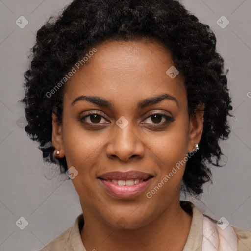 Joyful black young-adult female with long  brown hair and brown eyes