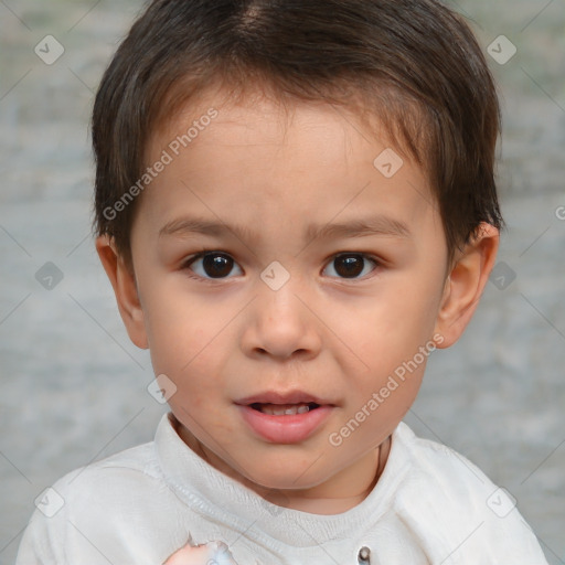 Joyful white child male with short  brown hair and brown eyes