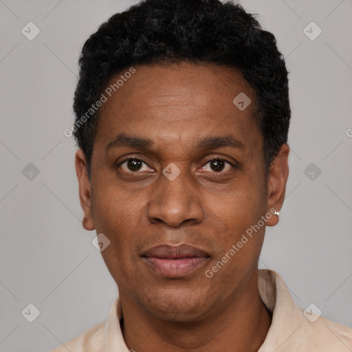 Neutral latino adult male with short  black hair and brown eyes