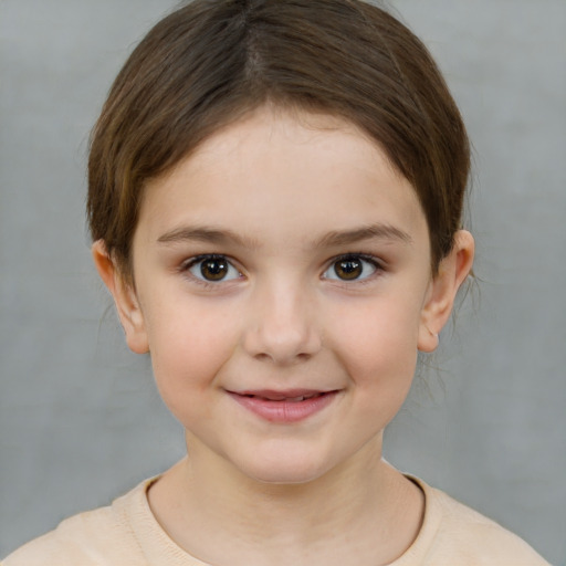 Joyful white child female with medium  brown hair and brown eyes