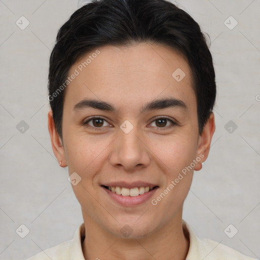 Joyful asian young-adult female with short  brown hair and brown eyes