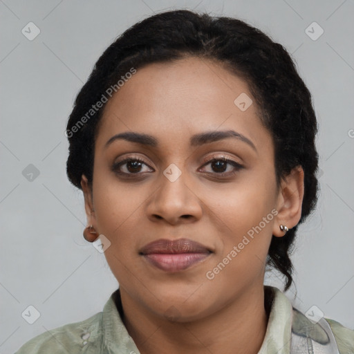 Joyful latino young-adult female with medium  black hair and brown eyes