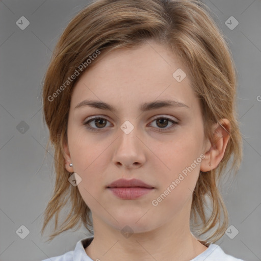 Neutral white young-adult female with medium  brown hair and brown eyes