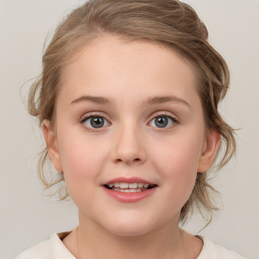 Joyful white child female with medium  brown hair and blue eyes