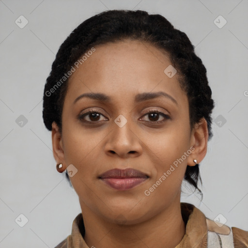 Joyful latino young-adult female with short  black hair and brown eyes
