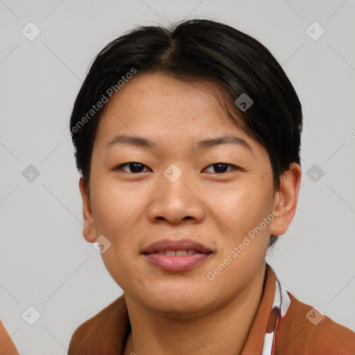 Joyful asian young-adult female with short  brown hair and brown eyes