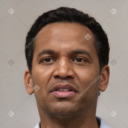 Joyful latino adult male with short  black hair and brown eyes
