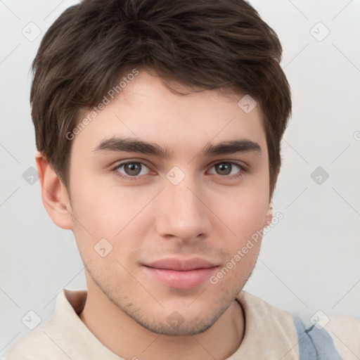 Neutral white young-adult male with short  brown hair and brown eyes