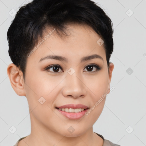 Joyful asian young-adult female with short  brown hair and brown eyes