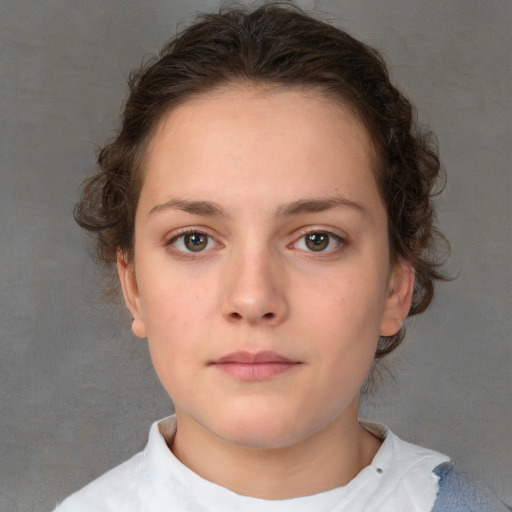 Neutral white young-adult female with short  brown hair and brown eyes