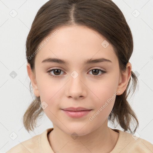 Joyful white child female with medium  brown hair and brown eyes