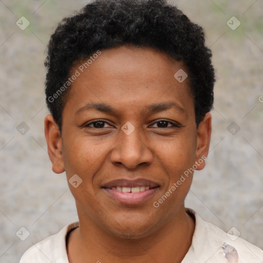 Joyful latino young-adult female with short  black hair and brown eyes