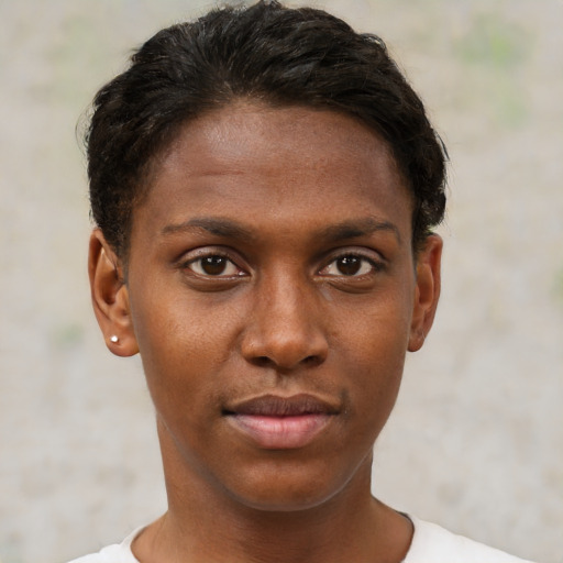 Neutral white young-adult female with short  brown hair and brown eyes