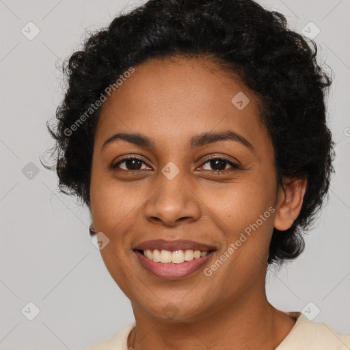 Joyful latino young-adult female with short  brown hair and brown eyes