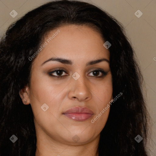 Joyful latino young-adult female with long  brown hair and brown eyes