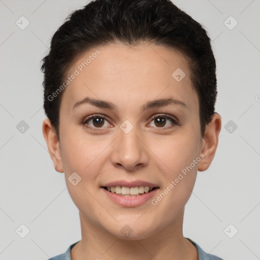 Joyful white young-adult female with short  brown hair and brown eyes