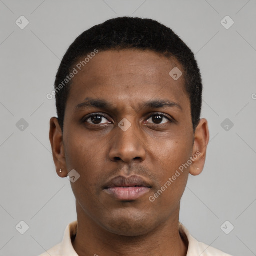 Neutral black young-adult male with short  black hair and brown eyes