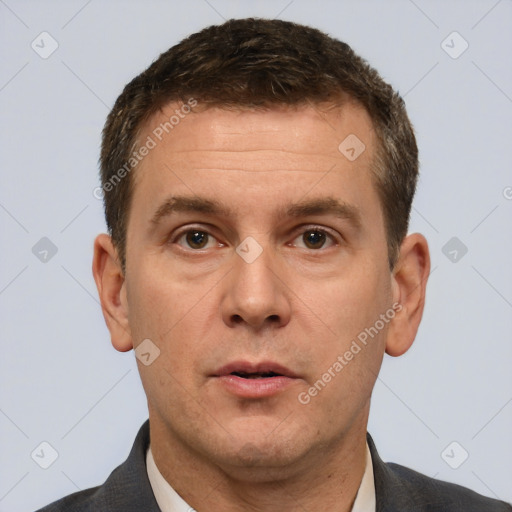 Neutral white adult male with short  brown hair and brown eyes