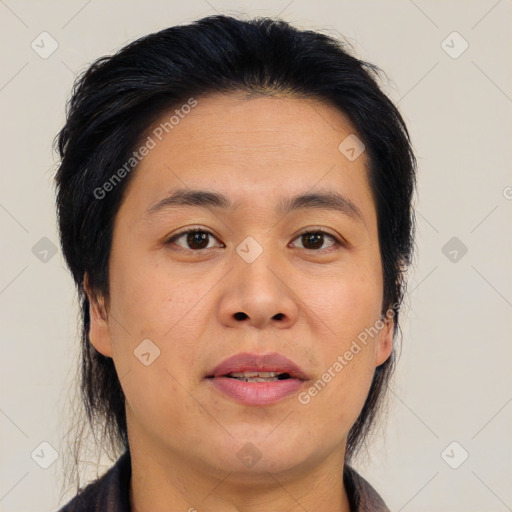 Joyful asian young-adult female with medium  brown hair and brown eyes