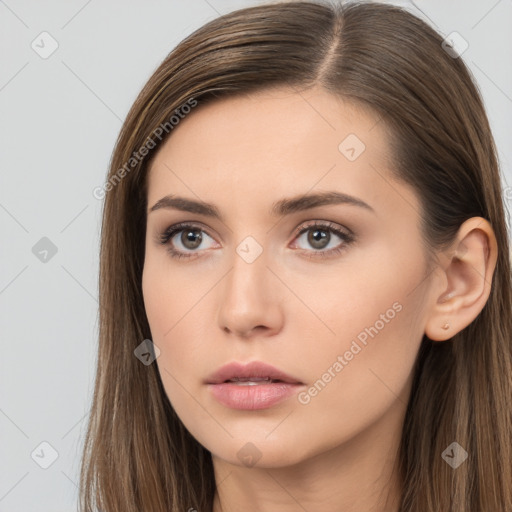 Neutral white young-adult female with long  brown hair and brown eyes