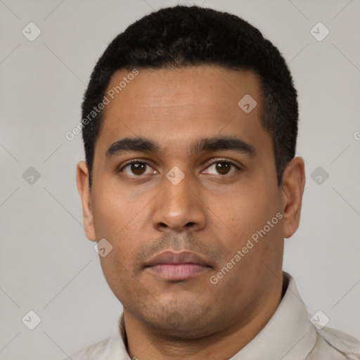 Neutral latino young-adult male with short  black hair and brown eyes