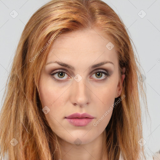 Neutral white young-adult female with long  brown hair and brown eyes