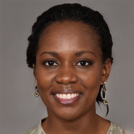 Joyful black young-adult female with medium  black hair and brown eyes