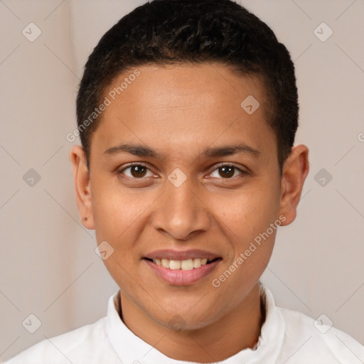 Joyful latino young-adult male with short  brown hair and brown eyes