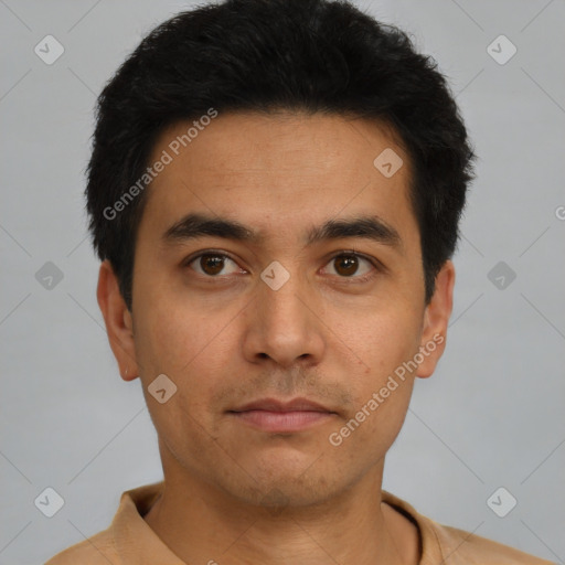 Neutral asian young-adult male with short  black hair and brown eyes