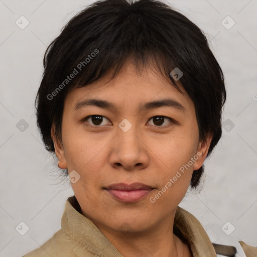 Neutral asian young-adult female with medium  brown hair and brown eyes