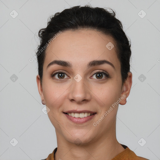 Joyful white young-adult female with short  brown hair and brown eyes