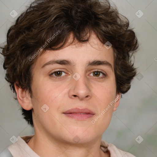 Joyful white young-adult male with medium  brown hair and brown eyes