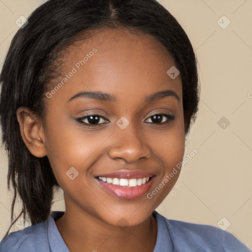 Joyful black young-adult female with long  brown hair and brown eyes