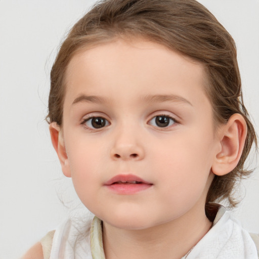 Neutral white child female with medium  brown hair and blue eyes