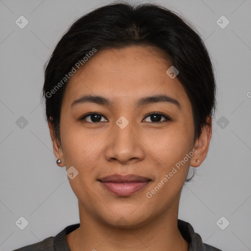 Joyful asian young-adult female with short  brown hair and brown eyes