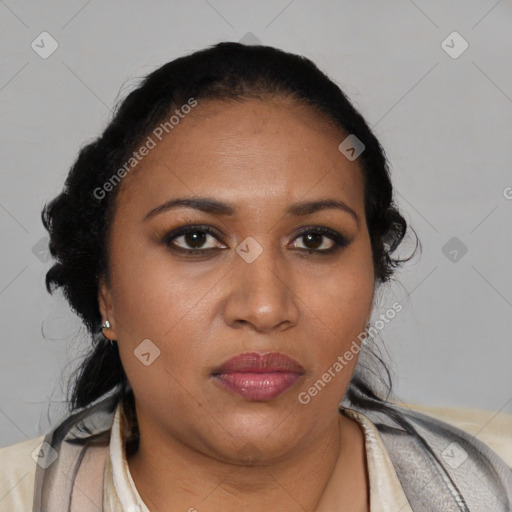 Neutral latino young-adult female with short  black hair and brown eyes
