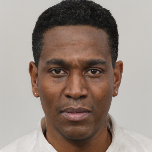Neutral black young-adult male with short  black hair and brown eyes