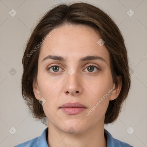 Neutral white young-adult female with medium  brown hair and brown eyes