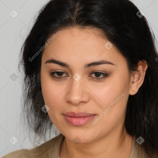 Joyful latino young-adult female with long  brown hair and brown eyes