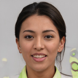 Joyful asian young-adult female with medium  brown hair and brown eyes