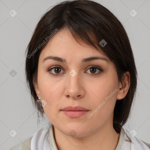 Neutral white young-adult female with medium  brown hair and brown eyes