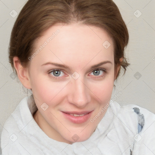 Joyful white young-adult female with medium  brown hair and blue eyes