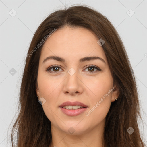 Joyful white young-adult female with long  brown hair and brown eyes