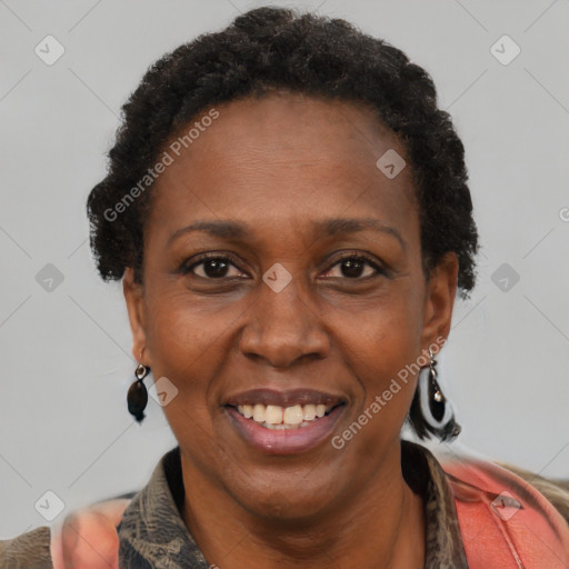 Joyful black adult female with short  brown hair and brown eyes