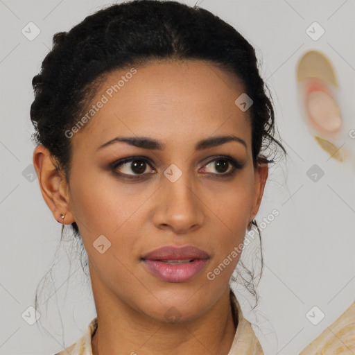 Joyful latino young-adult female with short  brown hair and brown eyes
