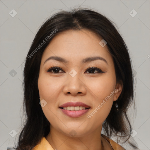 Joyful asian young-adult female with medium  brown hair and brown eyes