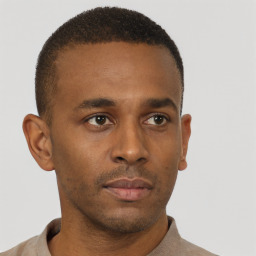 Neutral black young-adult male with short  brown hair and brown eyes