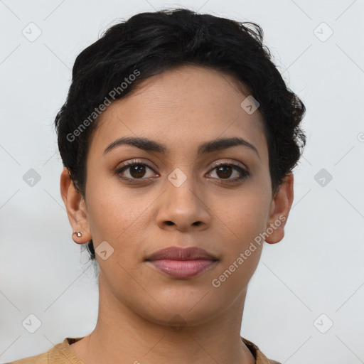 Joyful latino young-adult female with short  brown hair and brown eyes