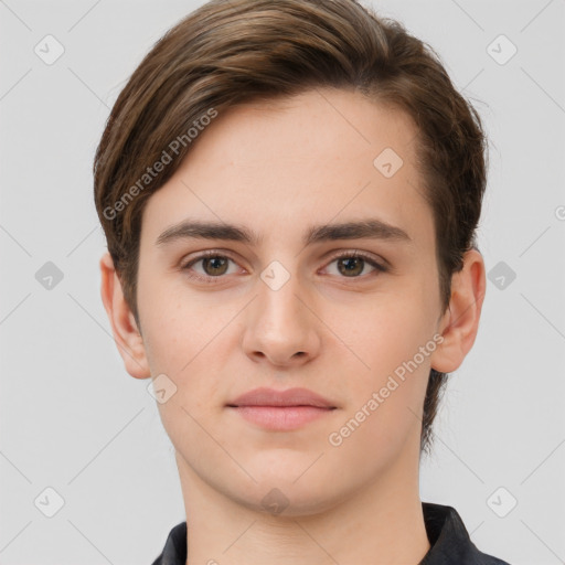 Neutral white young-adult male with short  brown hair and brown eyes